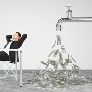 photo of man with a faucet pouring out money